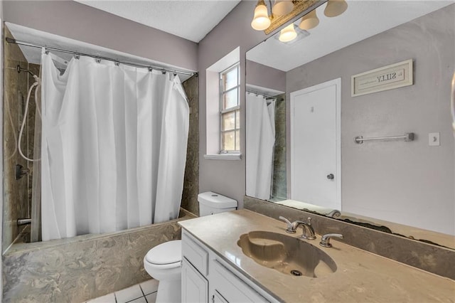 full bathroom with shower / bath combo, tile patterned flooring, vanity, and toilet