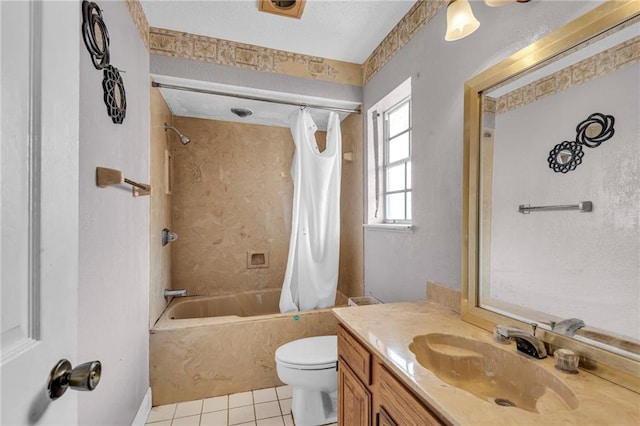 full bathroom featuring shower / tub combo with curtain, vanity, toilet, and tile patterned flooring