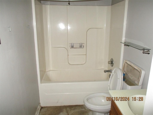 full bathroom featuring vanity, toilet, and washtub / shower combination