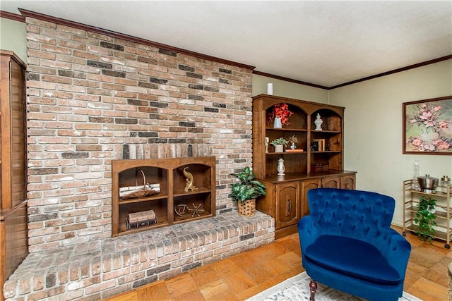 sitting room with light parquet flooring and crown molding