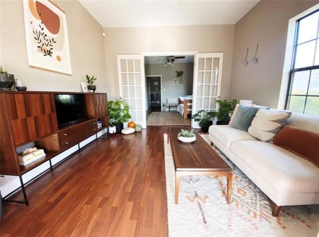 531-33 S Murat St, New Orleans, LA 70119 - living area with wood finished floors, french doors, and a ceiling fan