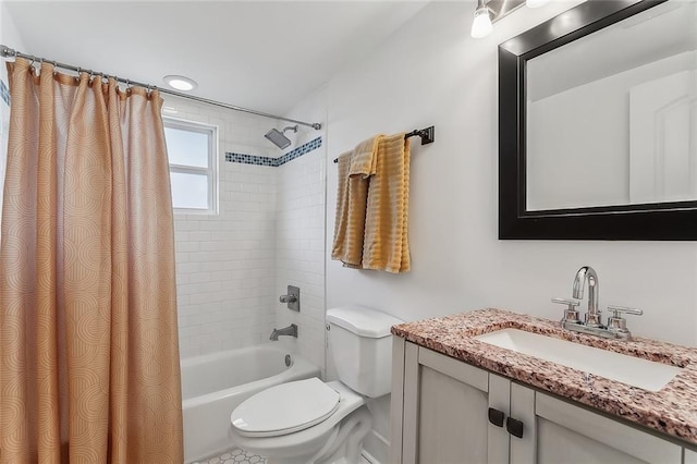 full bathroom featuring toilet, shower / tub combo, and vanity