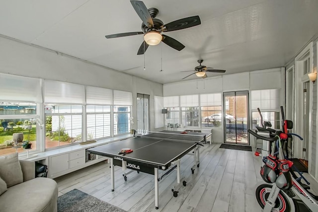 playroom featuring ceiling fan and light hardwood / wood-style flooring