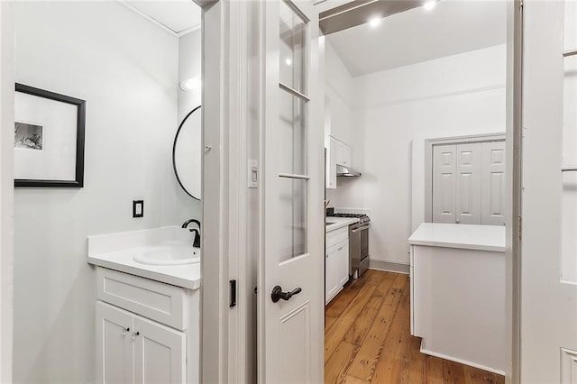 bathroom with vanity and hardwood / wood-style floors