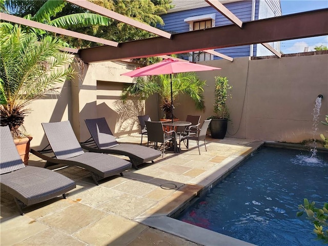 view of pool with a patio and pool water feature