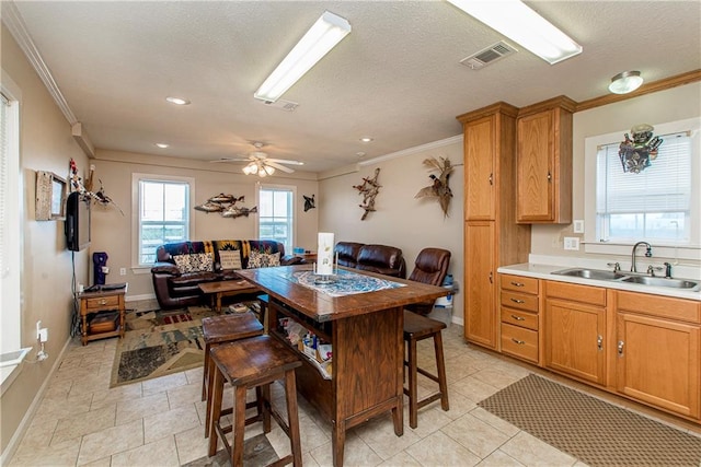 kitchen featuring a textured ceiling, sink, a kitchen breakfast bar, crown molding, and ceiling fan