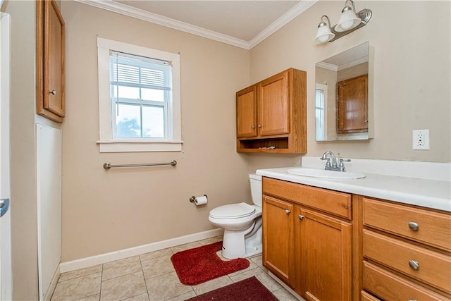 bathroom featuring crown molding, tile patterned flooring, vanity, and toilet