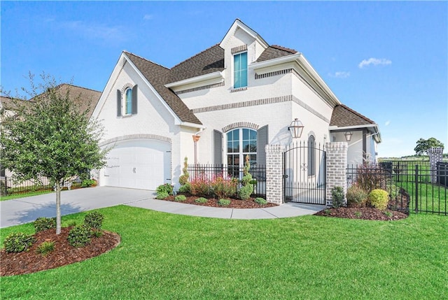 106 Grand Champions Ln, Slidell, LA 70458 - french country home with concrete driveway, brick siding, a gate, and a shingled roof