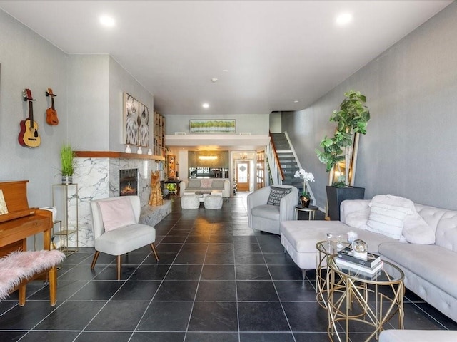 living room featuring dark tile patterned flooring