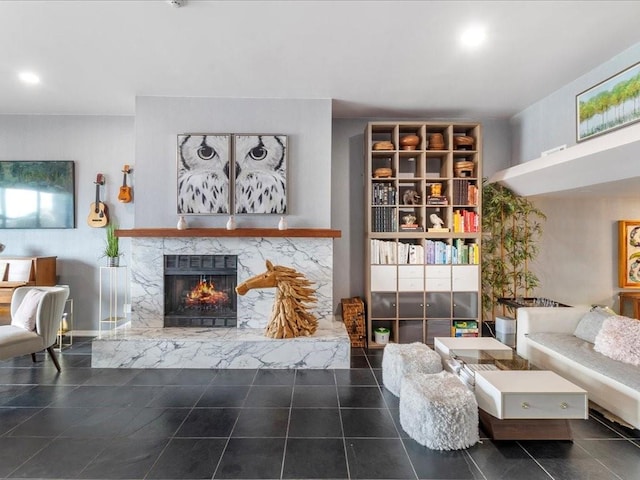 tiled living room with a fireplace