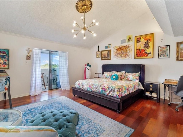 bedroom with a textured ceiling, lofted ceiling, access to outside, dark hardwood / wood-style floors, and a chandelier