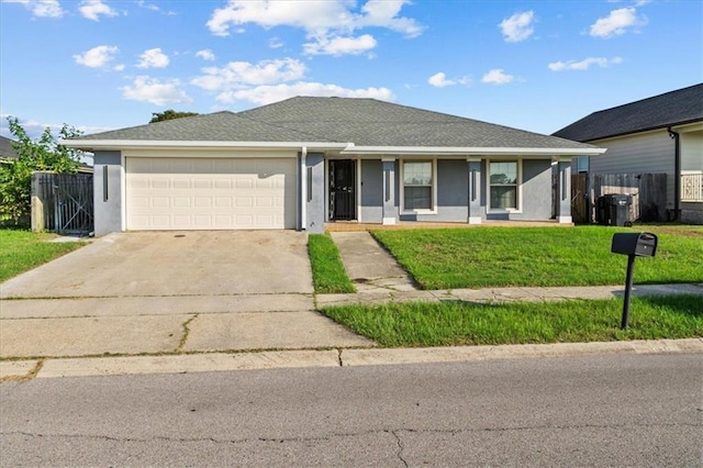 single story home with an attached garage, stucco siding, fence, a front yard, and driveway