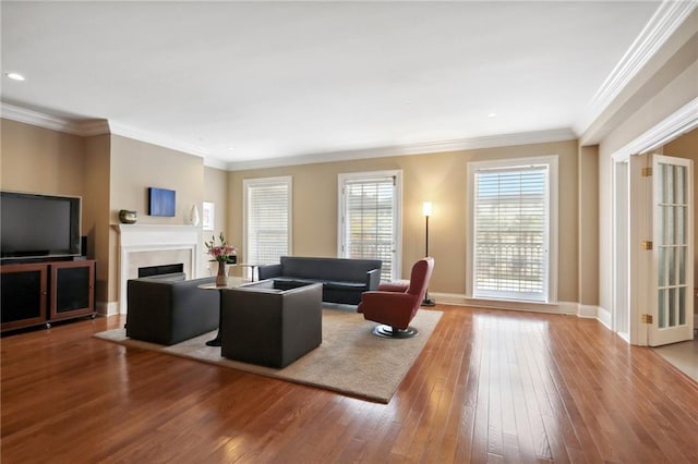 living room featuring hardwood / wood-style floors and crown molding