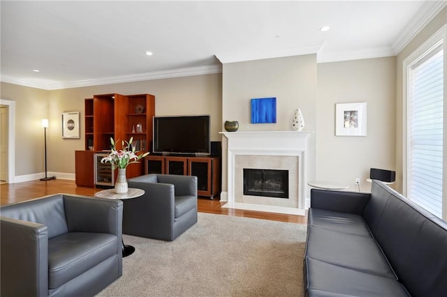 living room featuring light hardwood / wood-style flooring, a fireplace, and crown molding