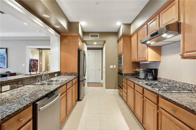416 Common St Unit 6, New Orleans, LA 70130 - kitchen featuring appliances with stainless steel finishes, a sink, under cabinet range hood, dark stone counters, and recessed lighting