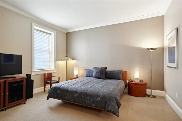 carpeted bedroom featuring crown molding