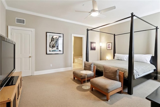 bedroom featuring light carpet, ensuite bath, and ceiling fan