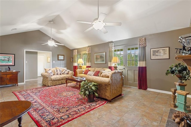 living room featuring vaulted ceiling and ceiling fan