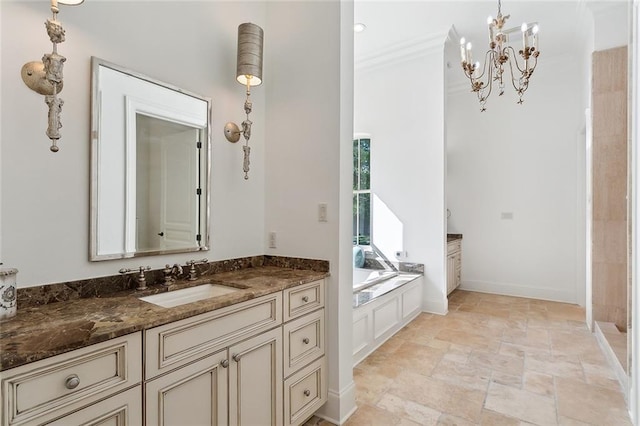 bathroom featuring vanity, crown molding, a notable chandelier, and a bath