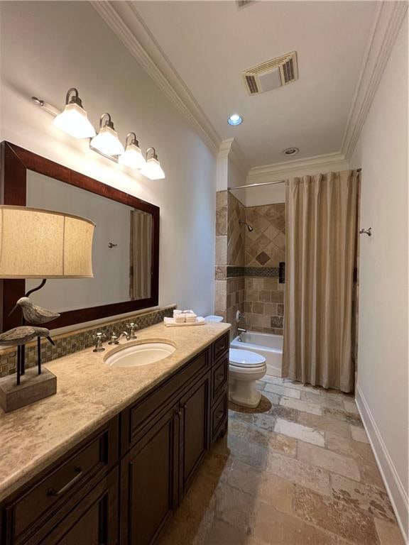 full bathroom with crown molding, shower / tub combo, vanity, and toilet