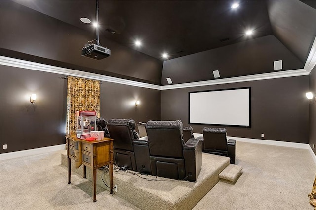 carpeted cinema featuring crown molding