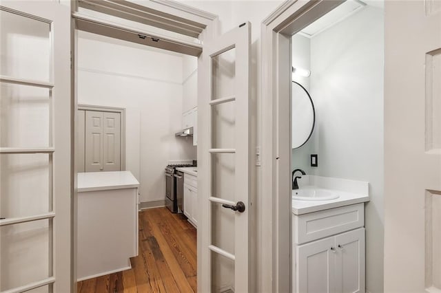 bathroom featuring vanity and hardwood / wood-style floors