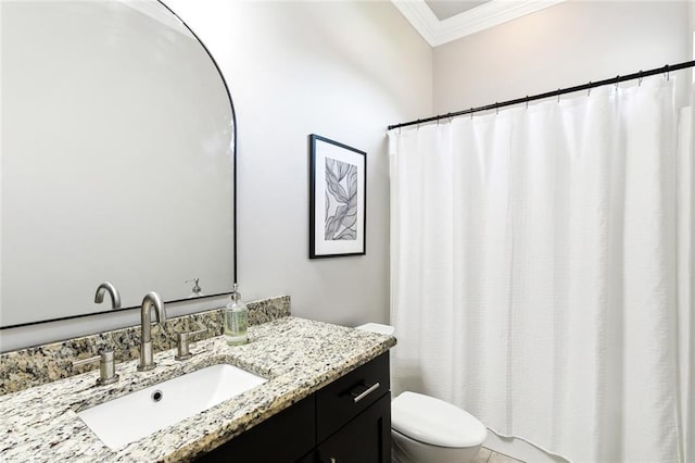 bathroom featuring ornamental molding, tile patterned flooring, vanity, and toilet