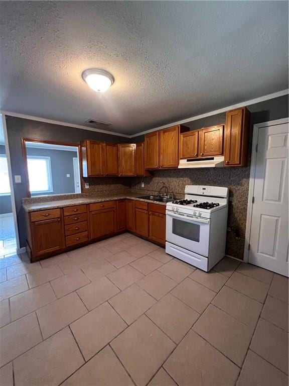 kitchen featuring sink, ornamental molding, a textured ceiling, backsplash, and white range with gas stovetop