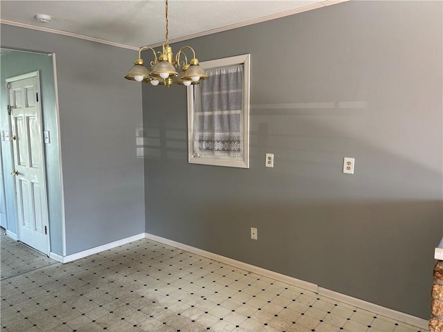 3008 Lake Villa Dr, Metairie, LA 70002 - empty room with tile patterned floors, crown molding, baseboards, and a chandelier