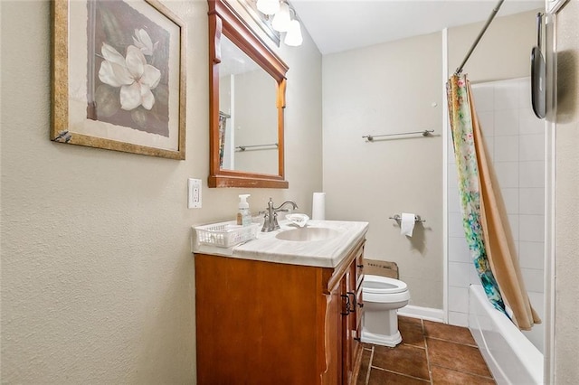 full bathroom with vanity, shower / tub combo, toilet, and tile patterned floors