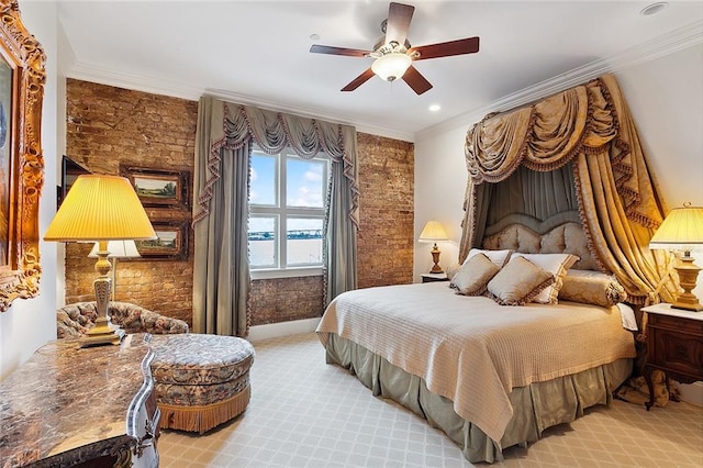 bedroom with ceiling fan, crown molding, and a water view