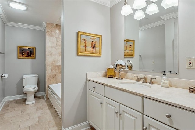 bathroom featuring vanity, crown molding, and toilet