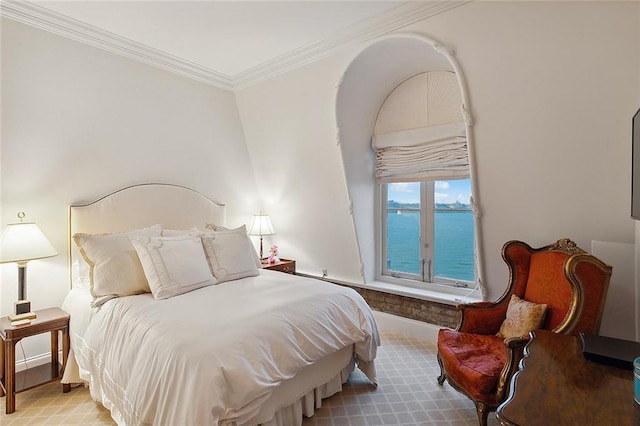 bedroom featuring crown molding and a water view