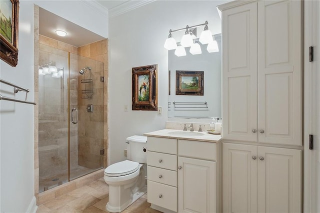 bathroom featuring tile patterned flooring, an enclosed shower, ornamental molding, vanity, and toilet