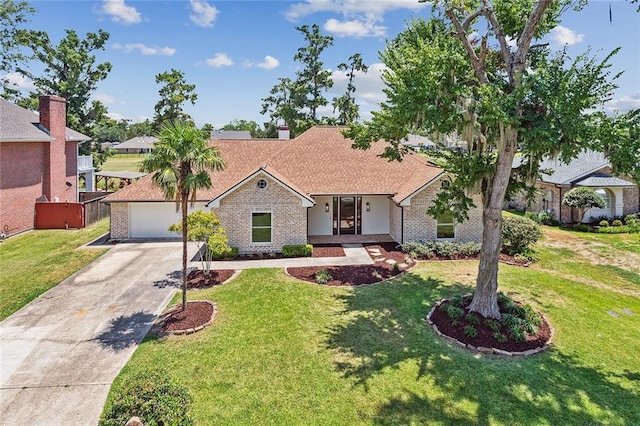 view of front of property with a porch, a front lawn, and a garage