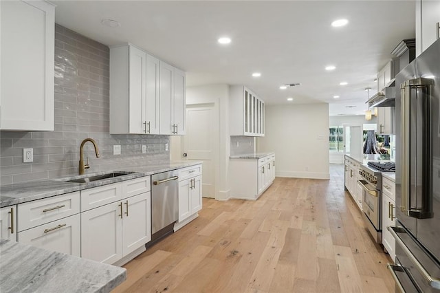 kitchen featuring light stone counters, white cabinetry, light hardwood / wood-style floors, high quality appliances, and sink