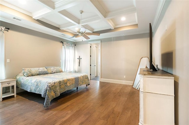 bedroom with wood-type flooring, coffered ceiling, ornamental molding, and ceiling fan