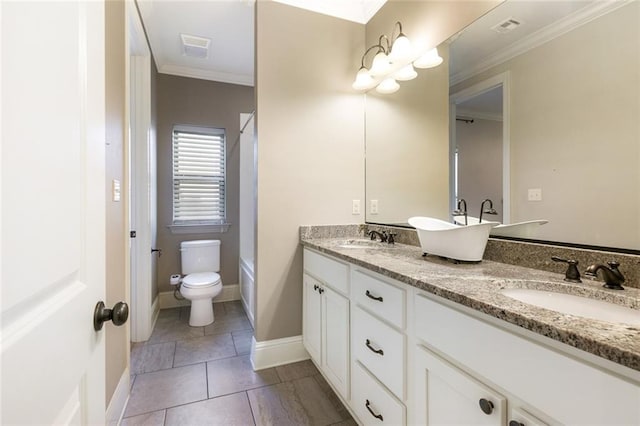 bathroom with vanity, crown molding, toilet, and tile patterned floors