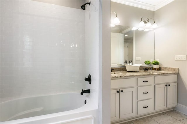 bathroom with bathing tub / shower combination, vanity, and crown molding