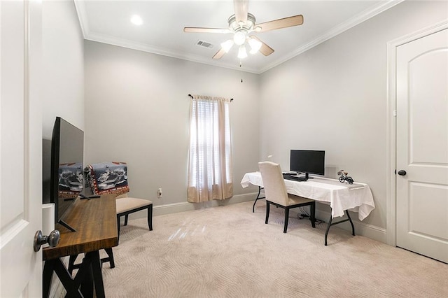 office with ornamental molding, ceiling fan, and light colored carpet