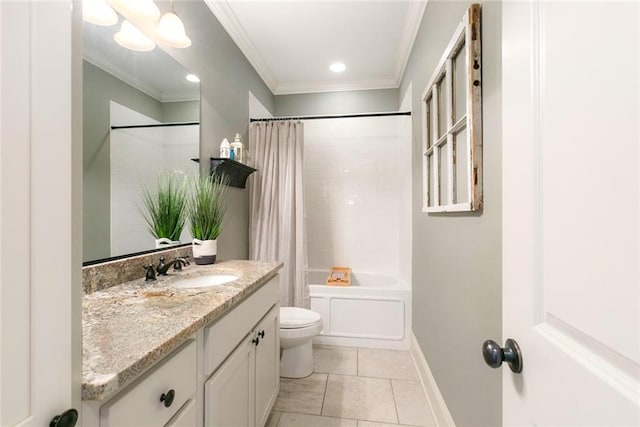 full bathroom with vanity, shower / tub combo with curtain, ornamental molding, toilet, and tile patterned floors