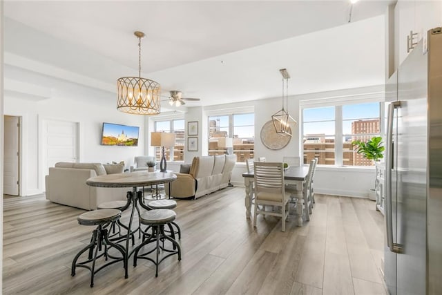 dining room with ceiling fan with notable chandelier and light wood-type flooring