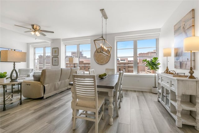 dining room featuring ceiling fan with notable chandelier and light hardwood / wood-style floors