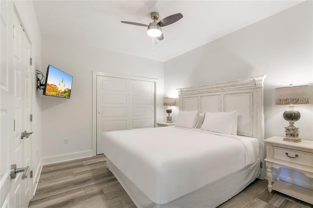 bedroom featuring wood-type flooring, ceiling fan, and a closet