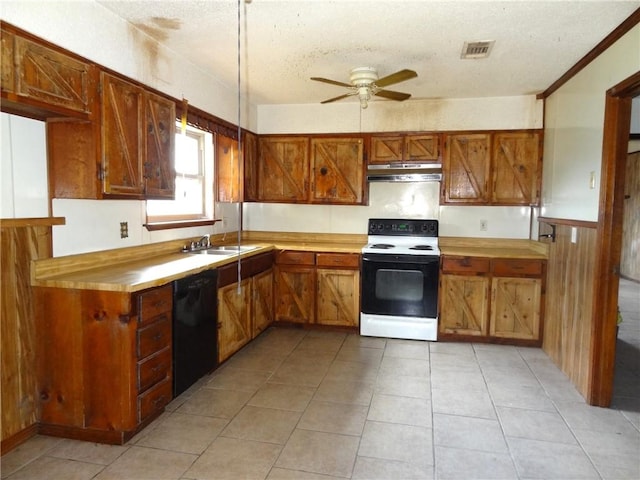 kitchen featuring light tile patterned flooring, dishwasher, white electric range, ceiling fan, and sink