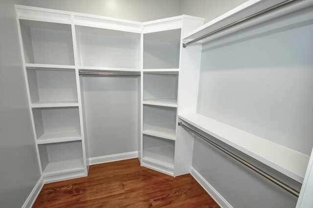 walk in closet with dark hardwood / wood-style floors