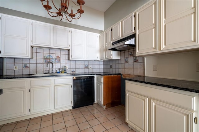 kitchen with white cabinetry, black dishwasher, an inviting chandelier, decorative backsplash, and light tile patterned floors