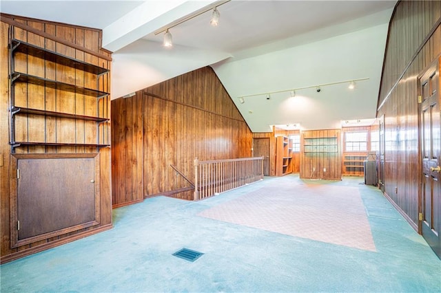 additional living space featuring light carpet and wood walls