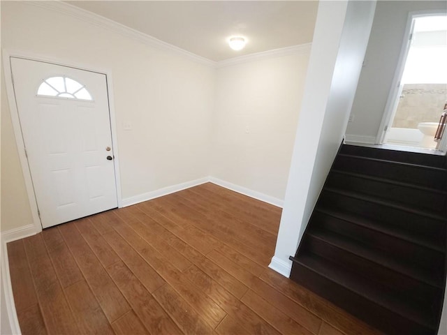 foyer featuring crown molding and dark hardwood / wood-style flooring