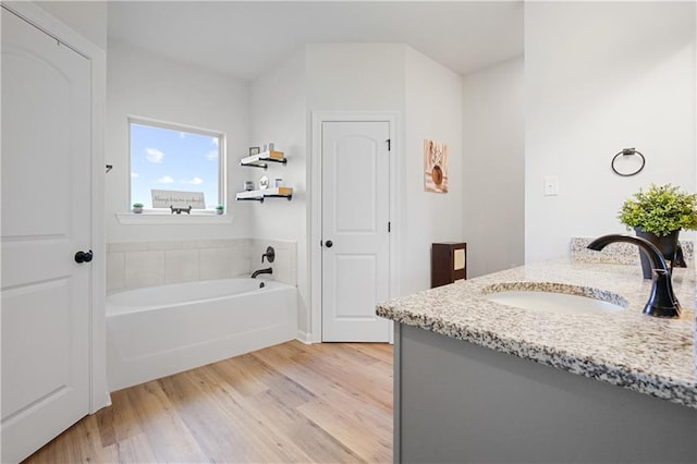 bathroom with vanity, hardwood / wood-style floors, and a washtub